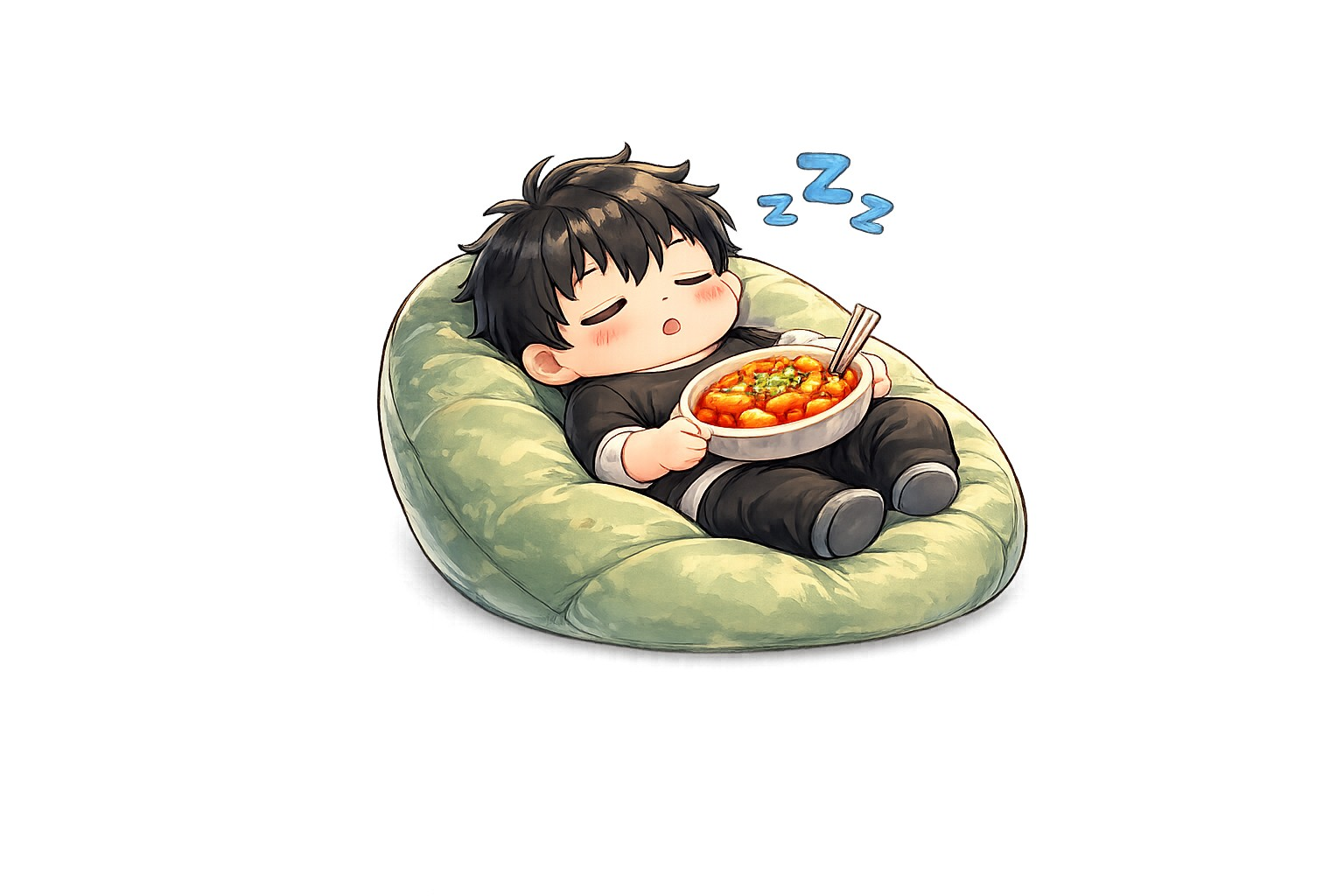 떡볶이 그릇을 안고 쉬는 위키랩 캐릭터